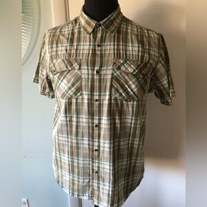 Prana Men's Size M Short Sleeve Pearl Snap shirt Plaid Cotton vintage western